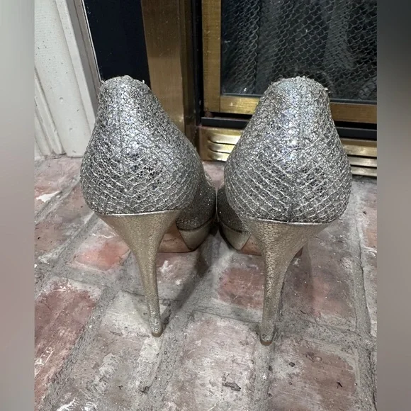 Jimmy Choo Glitter Platform Heels Size 38 EU /8 US Gold Silver Sparkle Stilettos - Picture 12 of 16